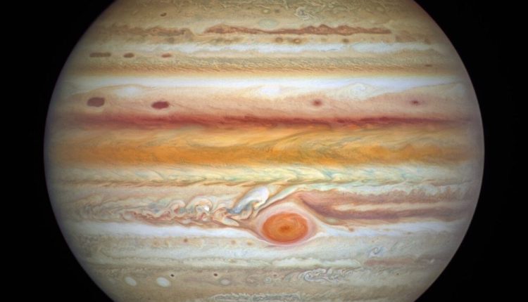 Hubble’s 2021 image of Jupiter shows the Great Red Spot, along with smaller storms that may be affecting its size over time. Courtesy NASA/ESA/STScI.