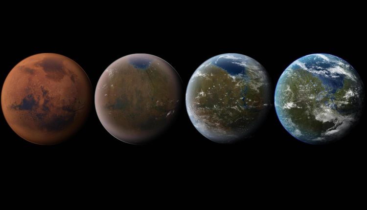 Artist's impression of the terraforming of Mars, from its current state to a livable world. Credit: Daein Ballard