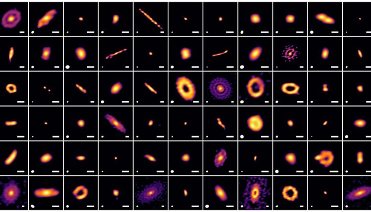 Images of protoplanetary disks in the Ophiuchus star-forming region, created with super-resolution imaging with sparse modeling versus a conventional imaging method. The resolution is shown by the white ellipse in the lower left of each panel, with a smaller ellipse indicating higher resolution. The white line in the lower right of each panel indicates a scale of 30 AU. The evolution stage of the central stars progresses from left to right, and from top to bottom in the same row. Credit: ALMA(ESO/NAOJ/NRAO), A. Shoshi et al.