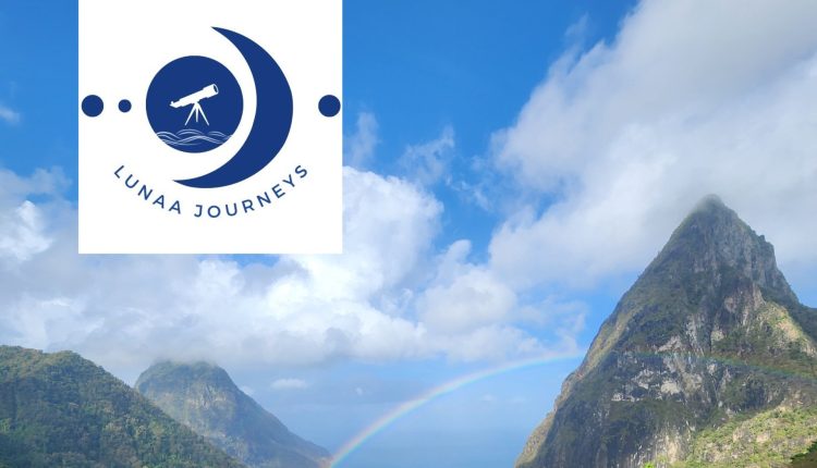 The Pitons in Saint Lucia, along with the new LUNAA Journeys logo. Credit: Dave Dickinson.