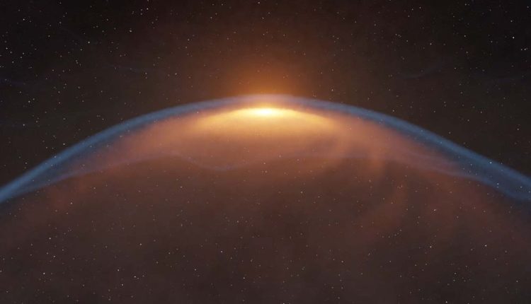 This illustration shows a shock front from a bubble slamming into a protoplanetary disk and warping it. The explosive bubble came from the young star in the middle of the disk. Image Credit: ALMA (ESO/NAOJ/NRAO), M. Aizawa et al.2025 ApJ
