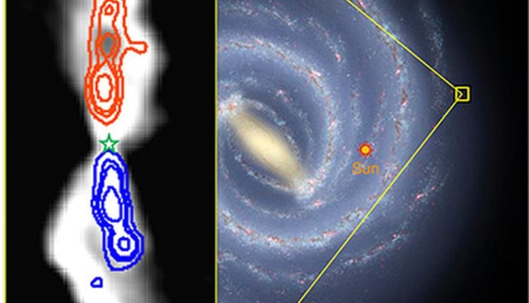 ALMA, the Atacama Large Millimeter/submillimeter Array, detected protostellar outflow jets in the Milky Way's outer reaches, where metallicity is low. Since metallicity was also low in the ancient Universe, the discovery indicates that star formation now is similar to star formation in the early Universe. Image Credit: Ikeda et al. (Niigata univ.), background: R. Hurt/NASA/JPL-Caltech/ESO]