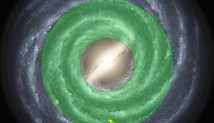 Longstanding model of the Galactic habitable Zone, which is estimated to exist between 7-9 kiloparsecs from the center of the galaxy. However, recent research calls this into question. (Credit: NASA/Caltech)