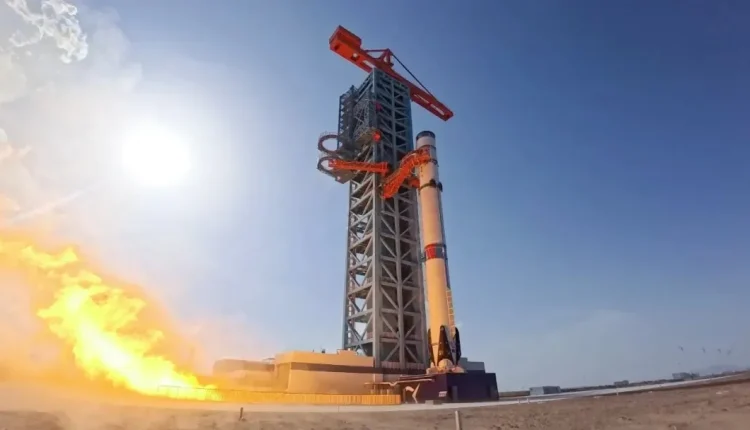 The Chinese company LandSpace conducts a static fire test with its reusable Zhuque-3 rocket on Oct. 20, 2025. Credit: Landspace