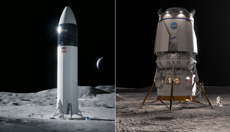 Artist's rendering of the Starship HLS (left) and Blue Origin's Blue Moon lunar lander (right). Credit: NASA