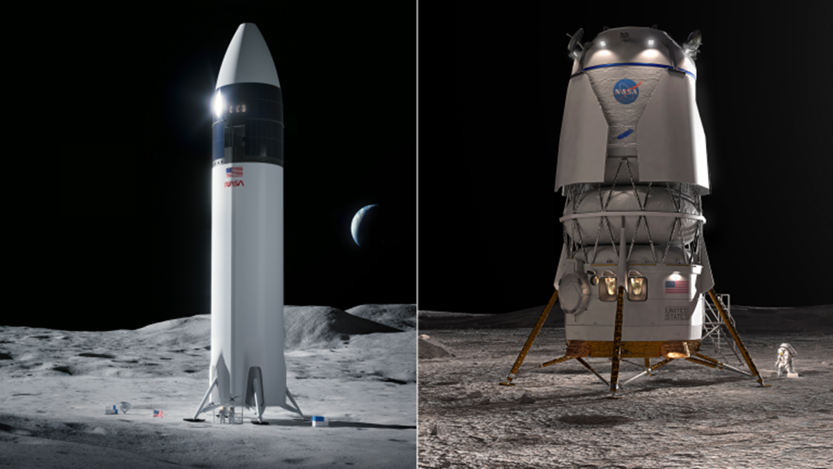 Artist's rendering of the Starship HLS (left) and Blue Origin's Blue Moon lunar lander (right). Credit: NASA