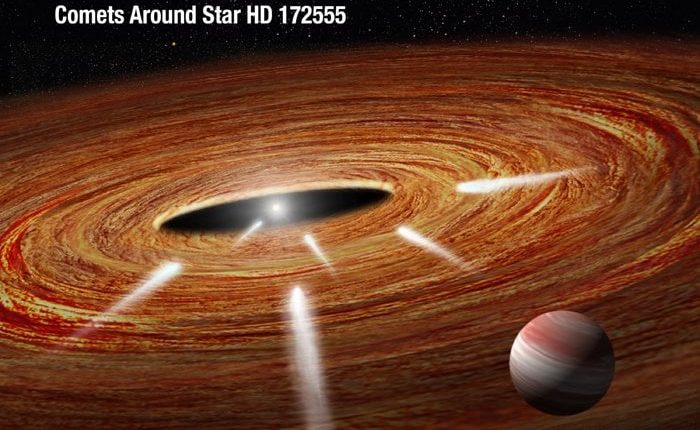 Artist's conception of a series of exocomets approaching a newly formed star. Credit - NASA / ESA / A. Feild / G. Bacon (STScI)